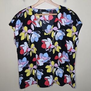 Halogen | Bright Floral Short Sleeve V-neck Blouse Size Large Black Red Yellow